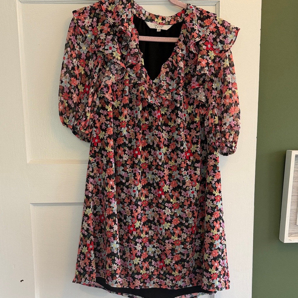 Crosby by Mollie Burch Floral Trim  Dress- Black with Multicolor Floral